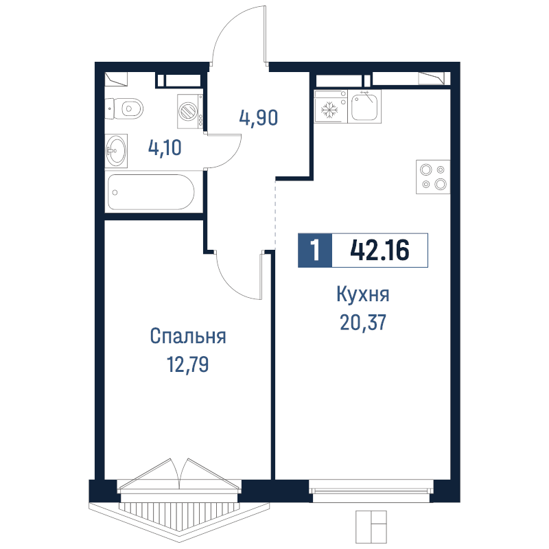 2 ккв (Евро) 42,2 м²