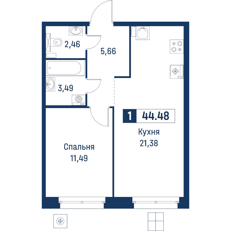 2 ккв (Евро) 44,5 м²