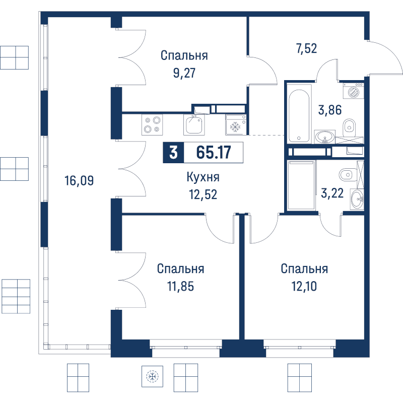 3 ккв 65,2 м²