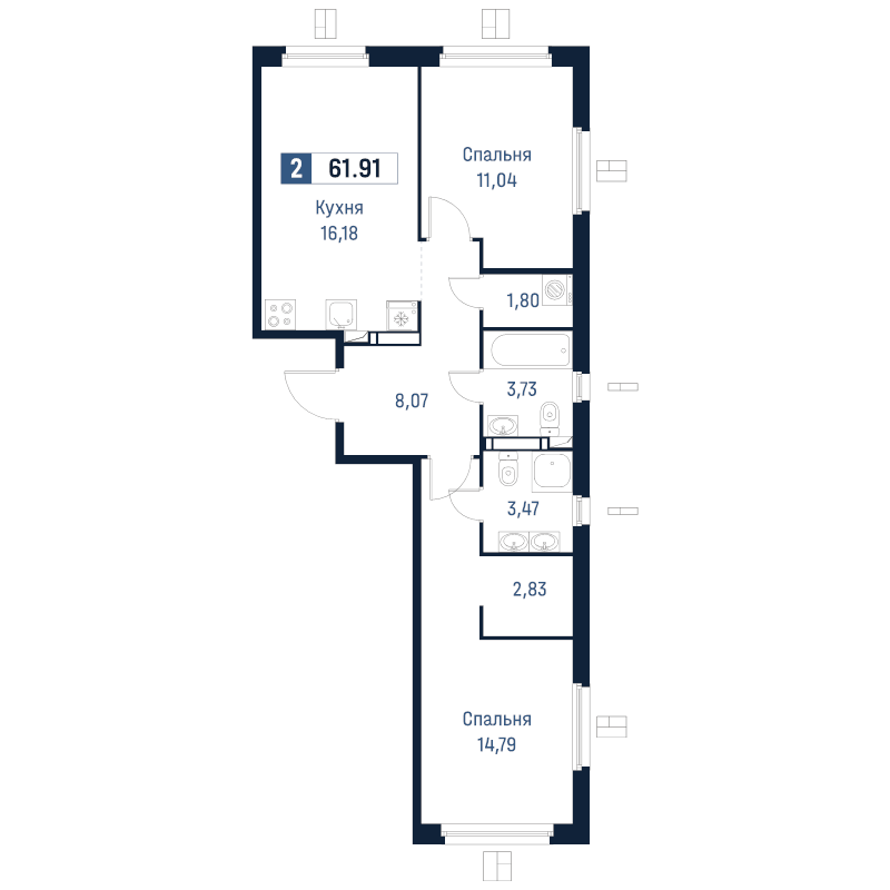 3 ккв (Евро) 61,9 м²