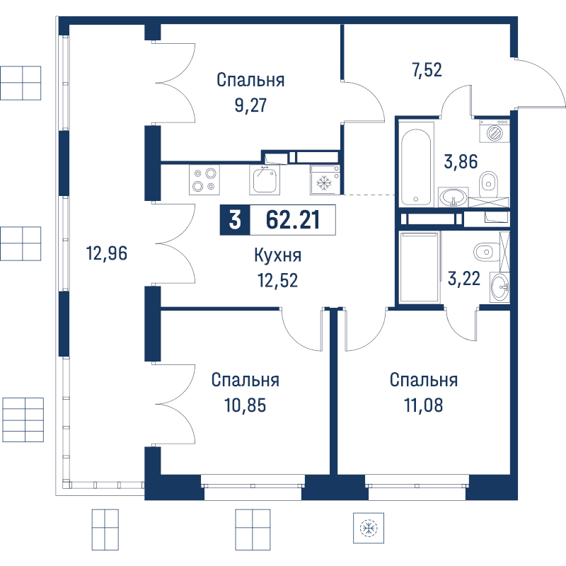 3 ккв 62,2 м²