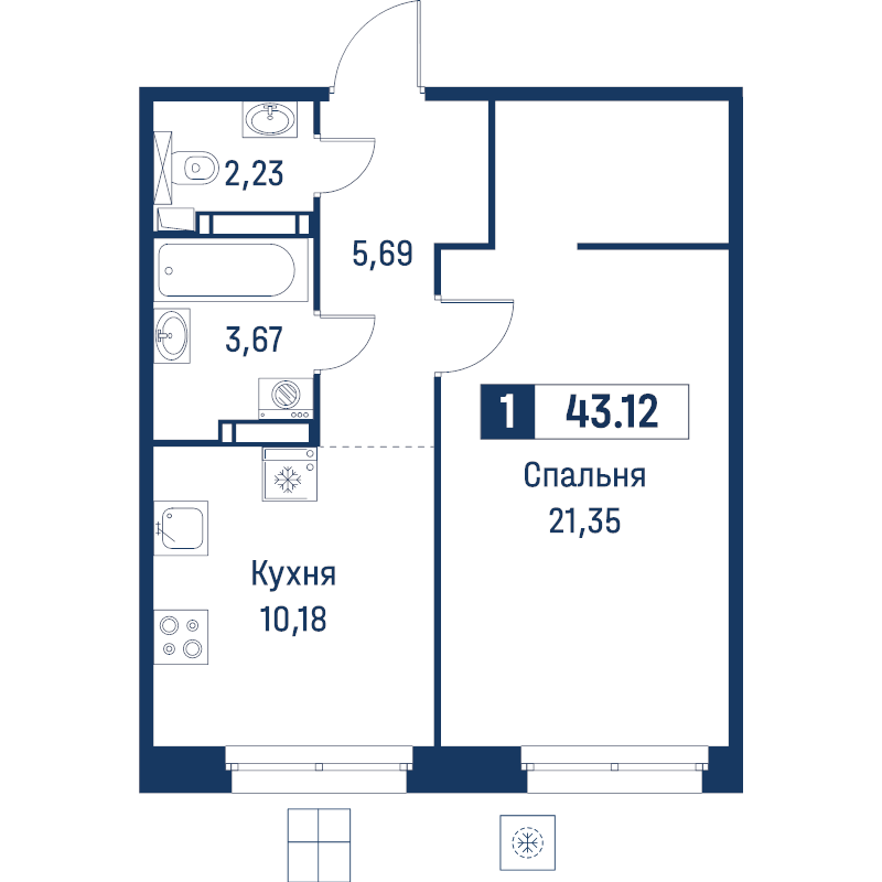 1 ккв 43,1 м²
