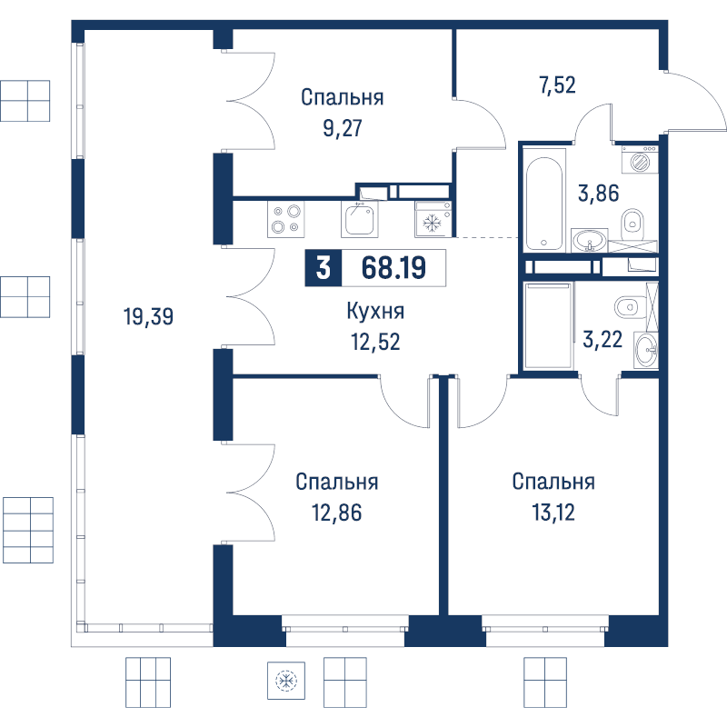 3 ккв 68,2 м²