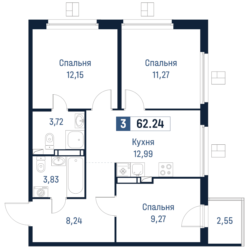 3 ккв 62,2 м²
