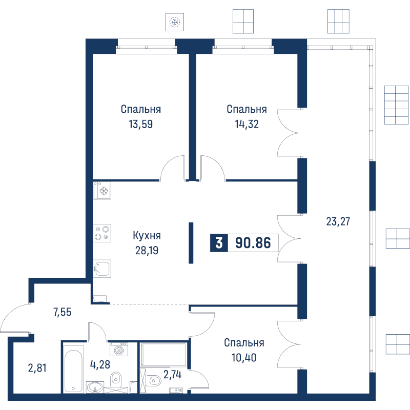 4 ккв (Евро) 90,9 м²