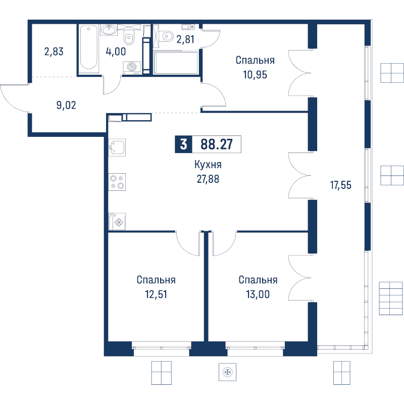 4 ккв (Евро) 88,3 м²