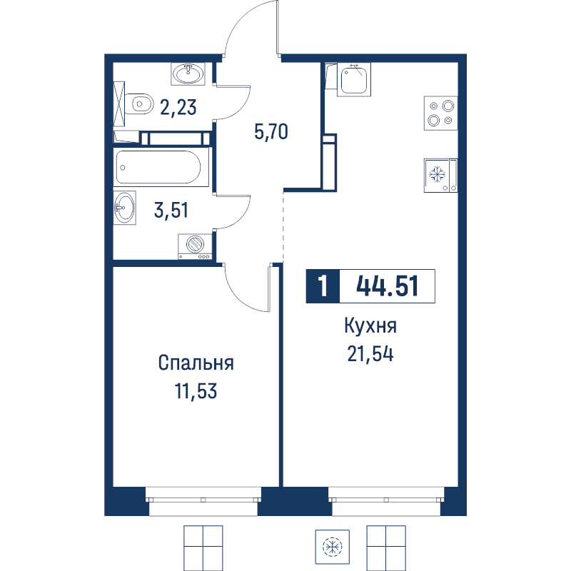 2 ккв (Евро) 44,5 м²