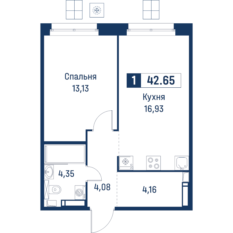 2 ккв (Евро) 42,7 м²