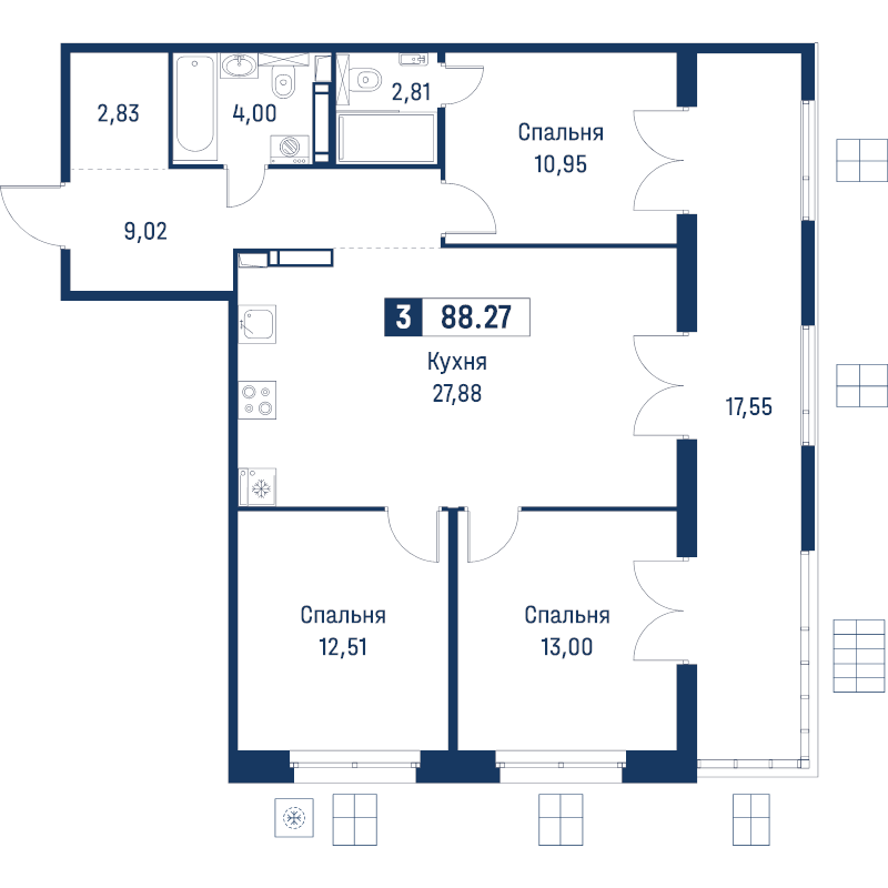 4 ккв (Евро) 88,3 м²
