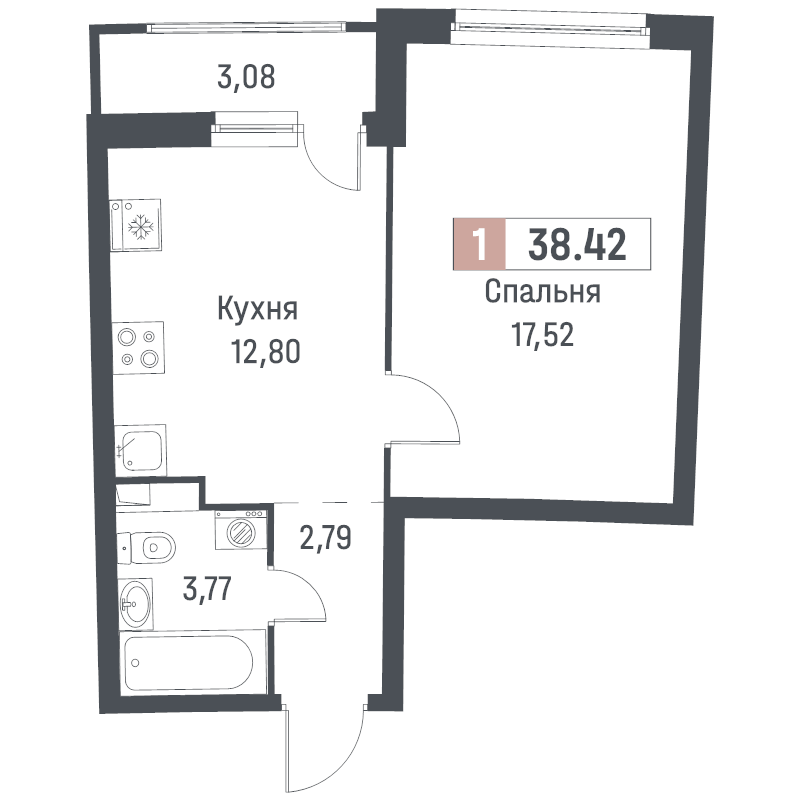 1 ккв 38,4 м²