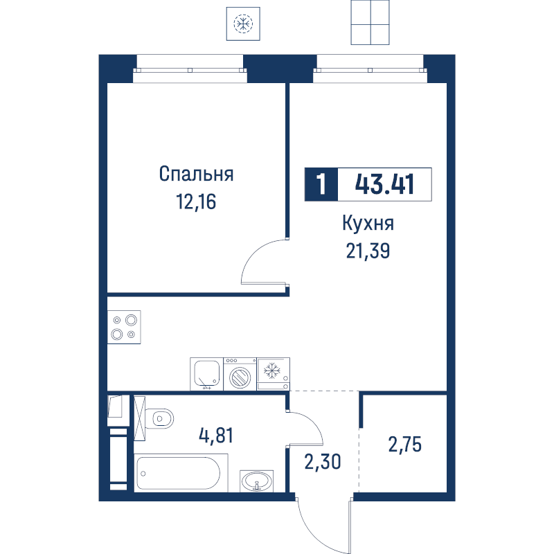 2 ккв (Евро) 43,4 м²