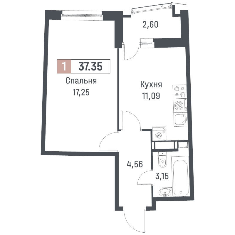 1 ккв 37,4 м²