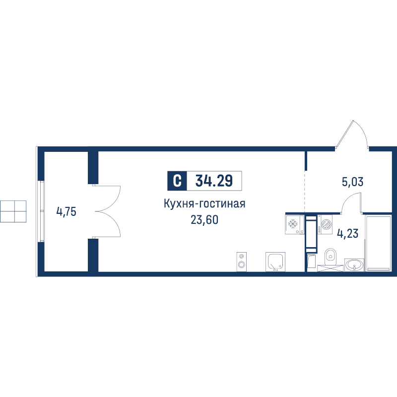 Студия 34,3 м²