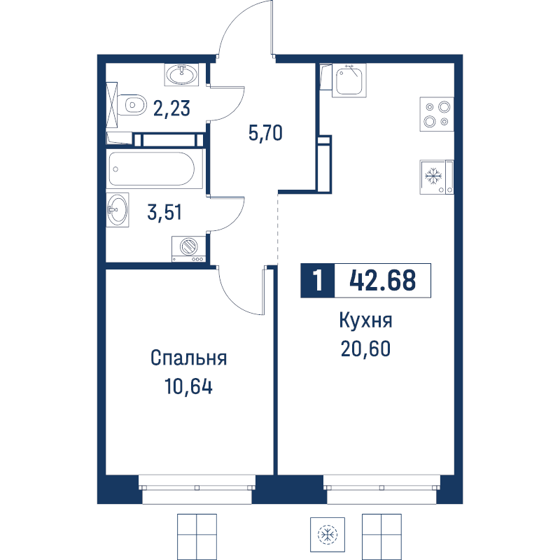 2 ккв (Евро) 42,7 м²