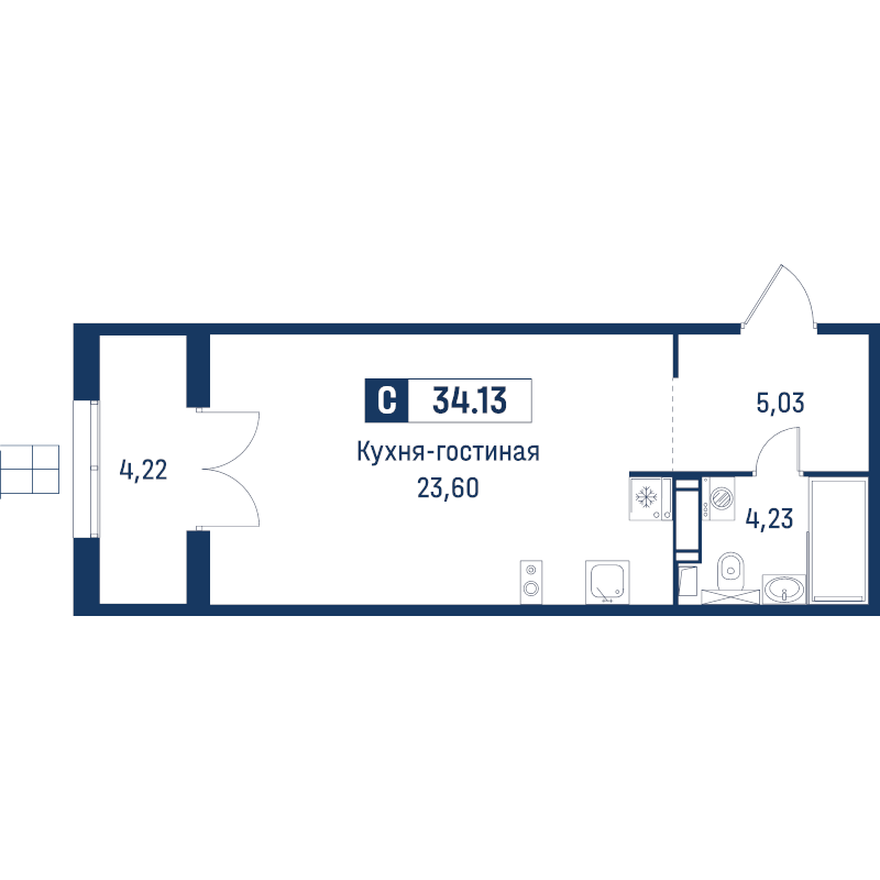 Студия 34,1 м²