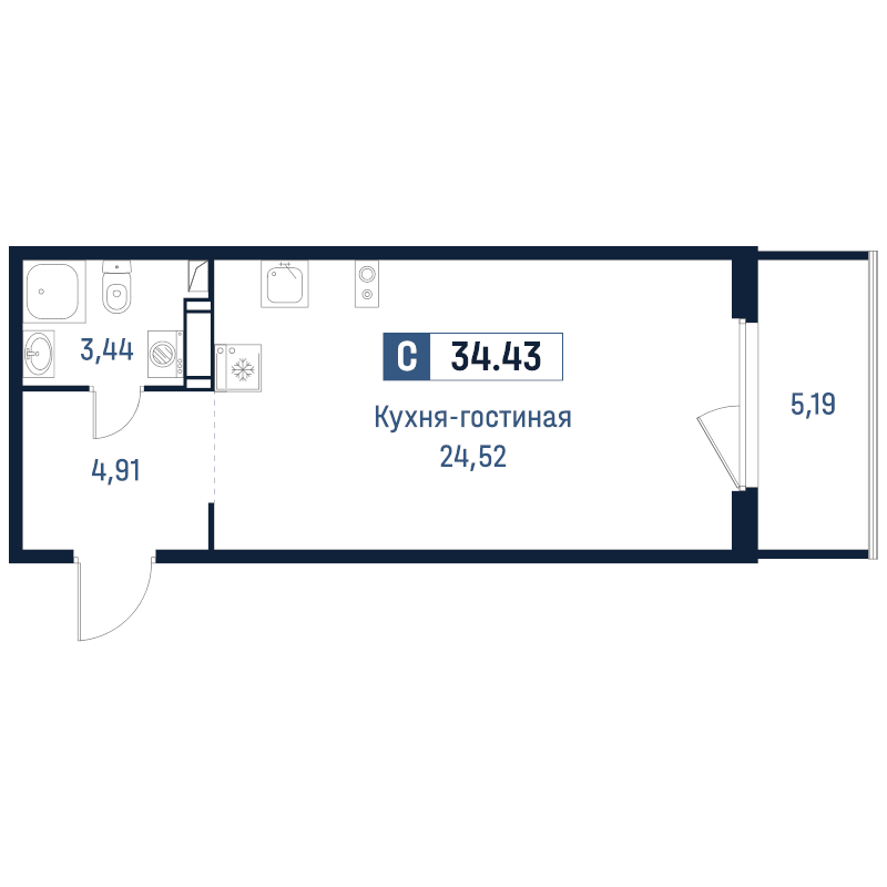 Студия 34,4 м²