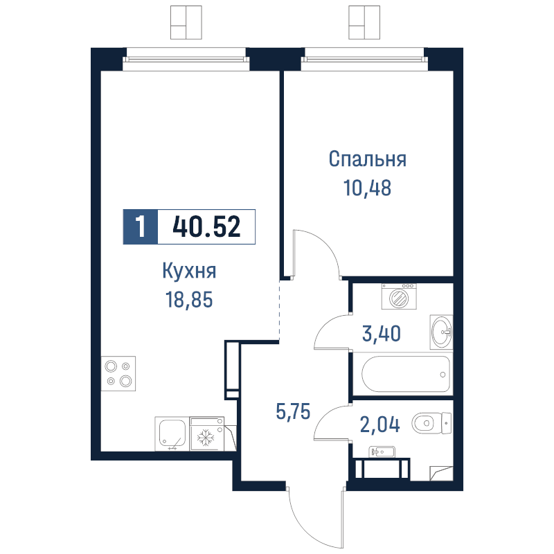 2 ккв (Евро) 40,5 м²