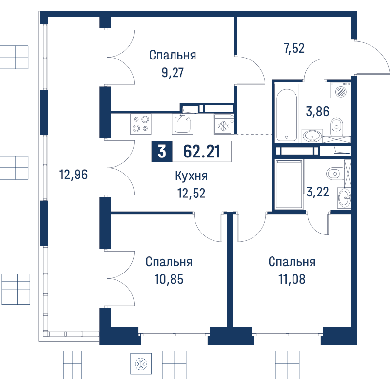 3 ккв 62,2 м²