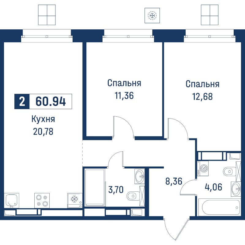 3 ккв (Евро) 60,9 м²