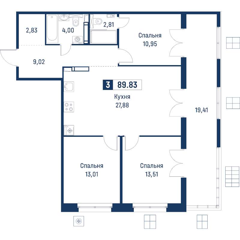 4 ккв (Евро) 89,8 м²