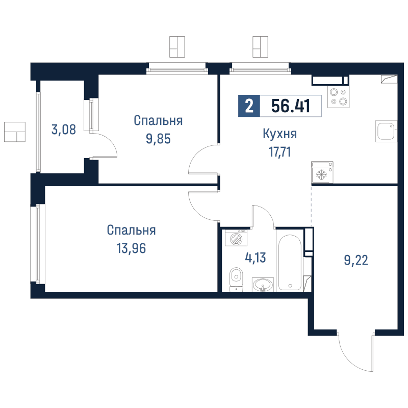 3 ккв (Евро) 56,4 м²