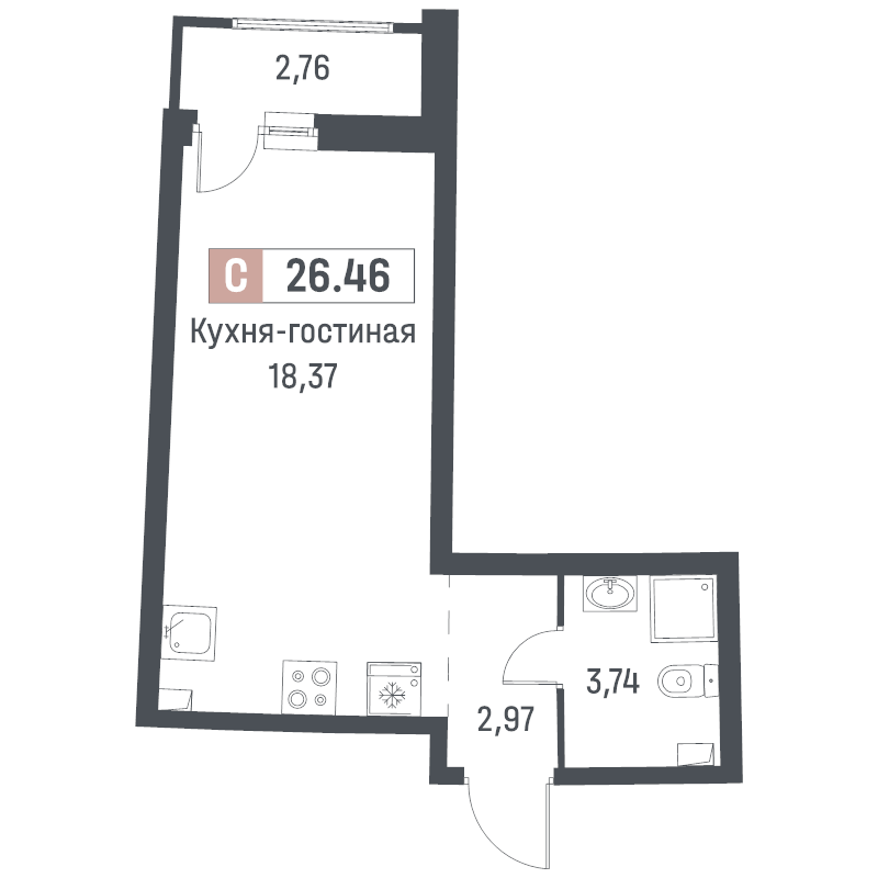 Студия 26,5 м²