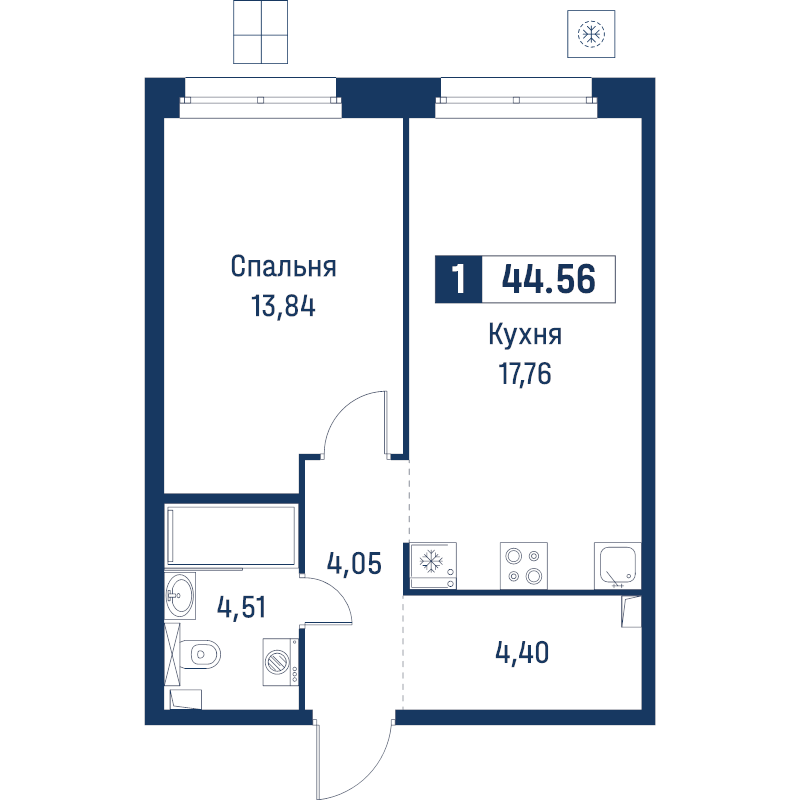 2 ккв (Евро) 44,6 м²