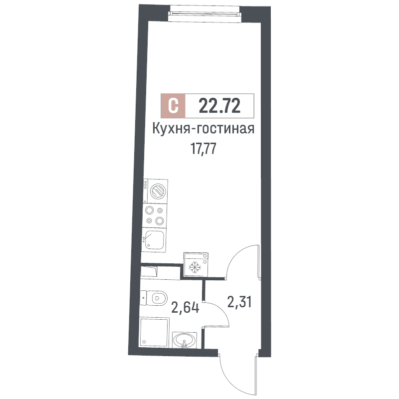 Студия 22,7 м²