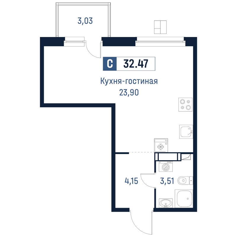 Студия 32,5 м²