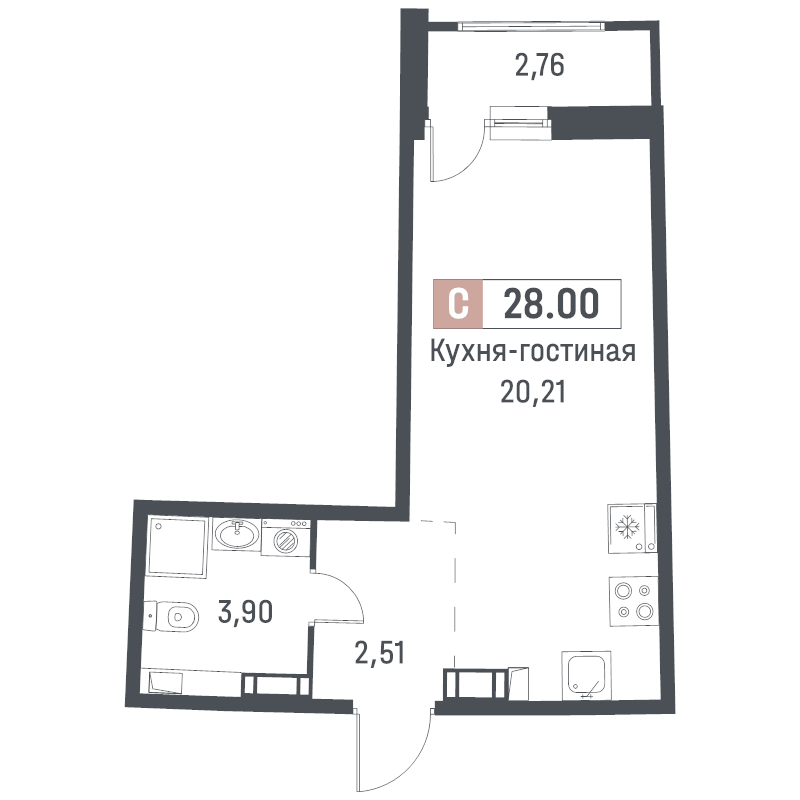 Студия 28 м²