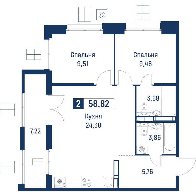 3 ккв (Евро) 58,8 м²