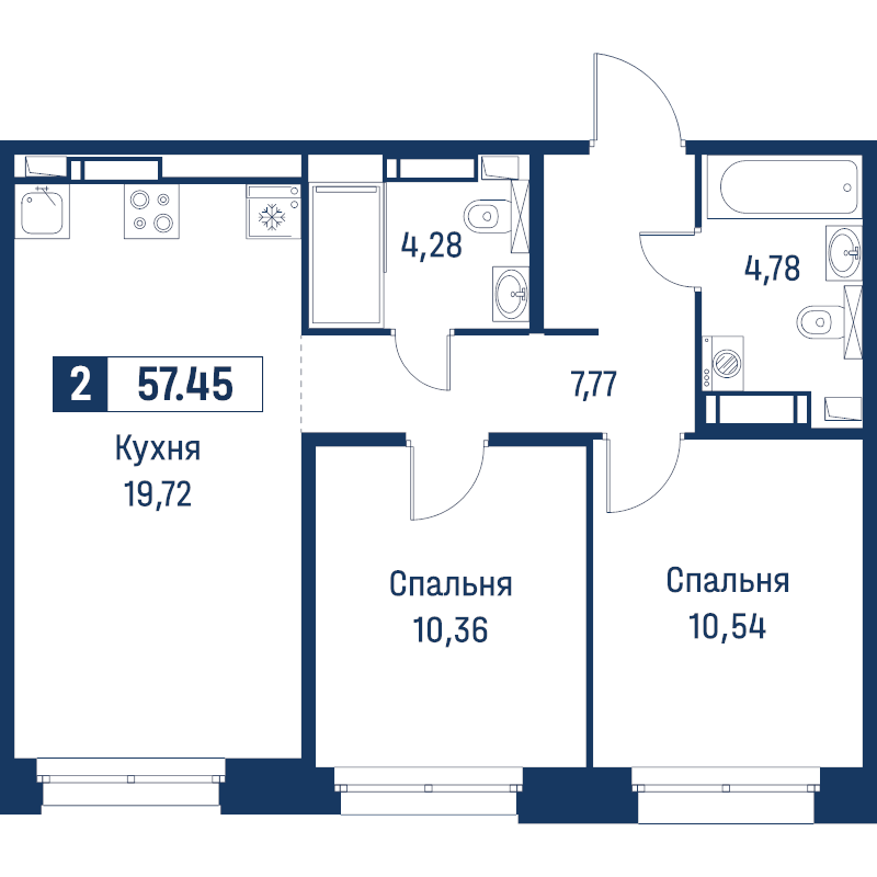 2 ккв (Евро) 57,5 м²
