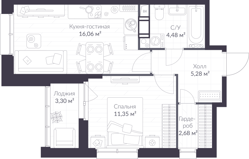 2 ккв (Евро) 41,5 м²