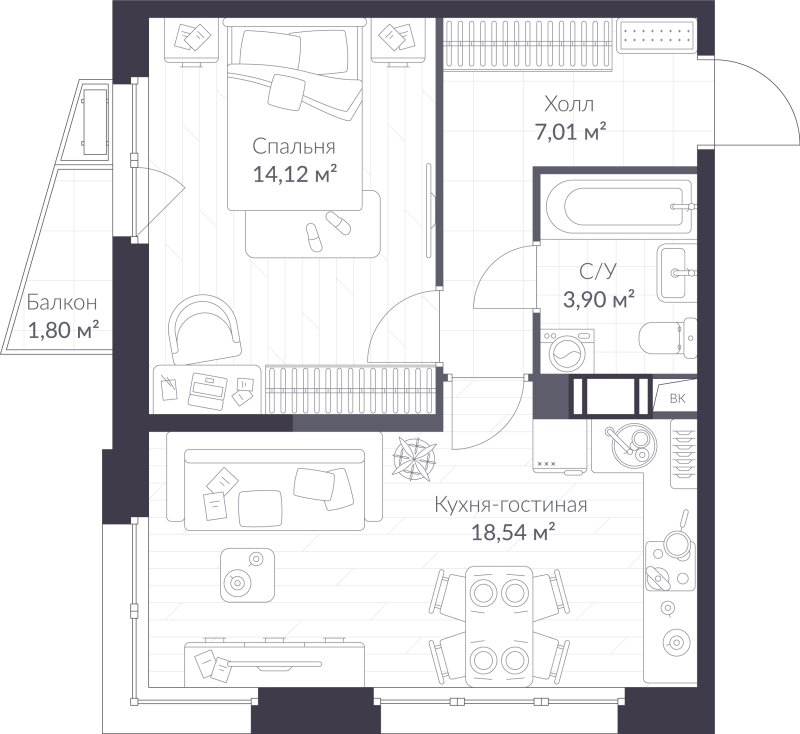 2 ккв (Евро) 44,1 м²