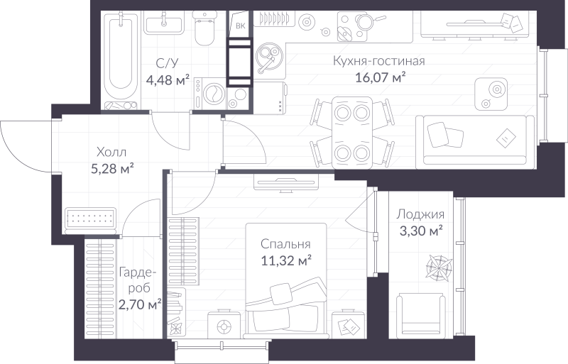 2 ккв (Евро) 41,5 м²