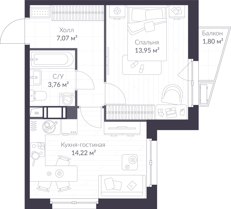 1 ккв 39,5 м²