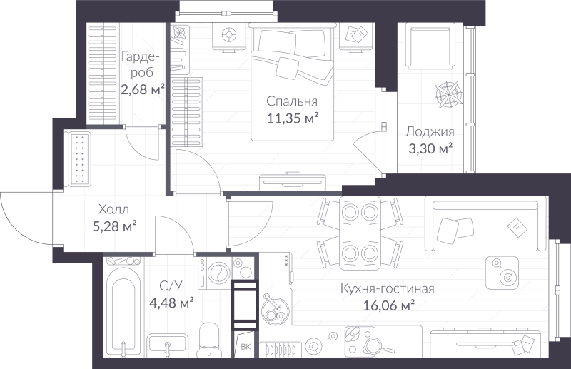 2 ккв (Евро) 41,5 м²