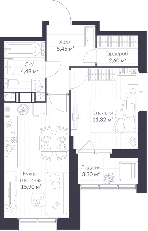2 ккв (Евро) 41,4 м²