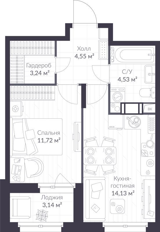 1 ккв 39,7 м²