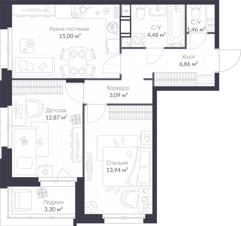 3 ккв (Евро) 59,4 м²
