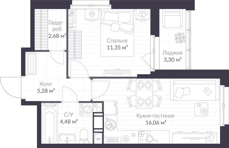 2 ккв (Евро) 41,5 м²