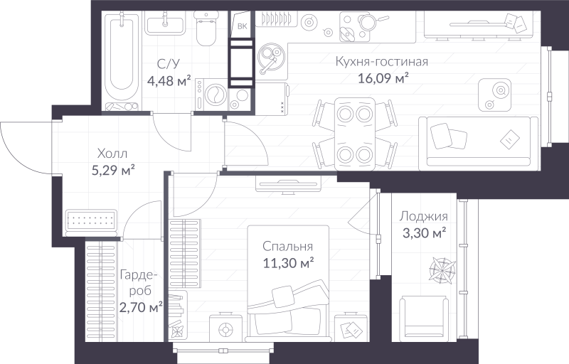 2 ккв (Евро) 41,5 м²