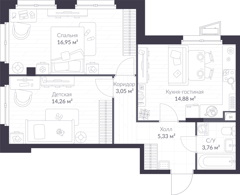 2 ккв 58,2 м²