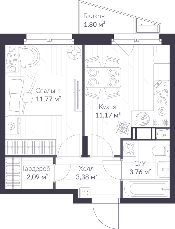 1 ккв 32,7 м²
