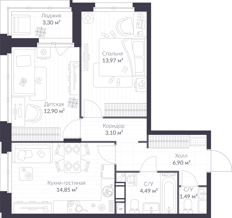 2 ккв 59,4 м²