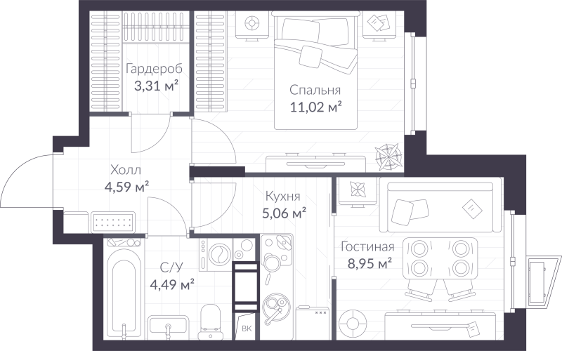 1 ккв 37,4 м²