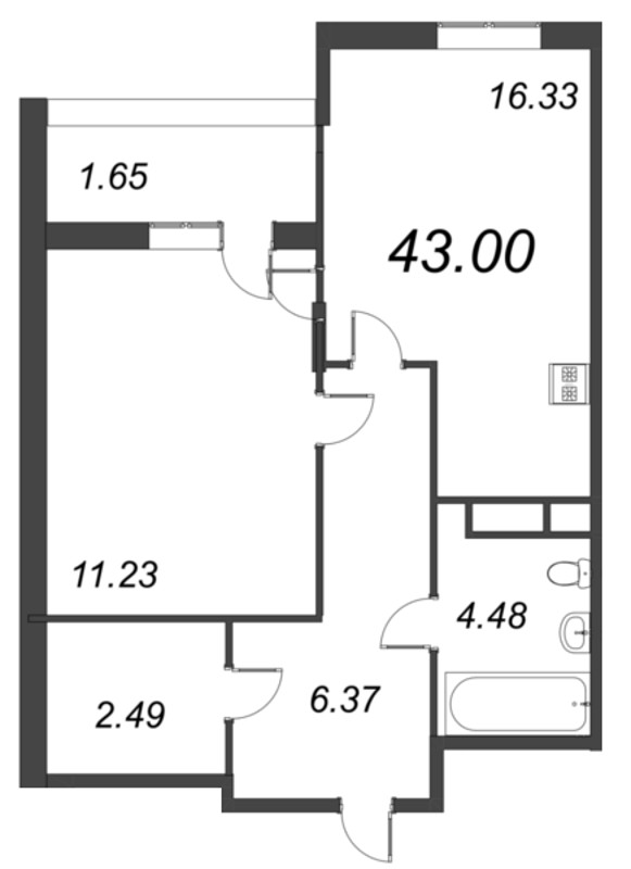 2 ккв (Евро) 43 м²