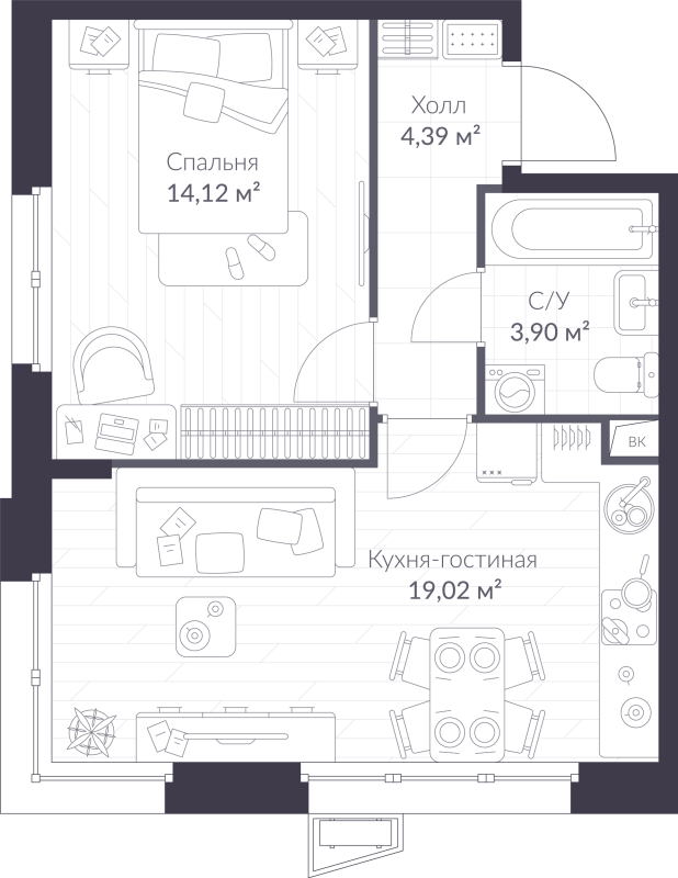 2 ккв (Евро) 41,4 м²
