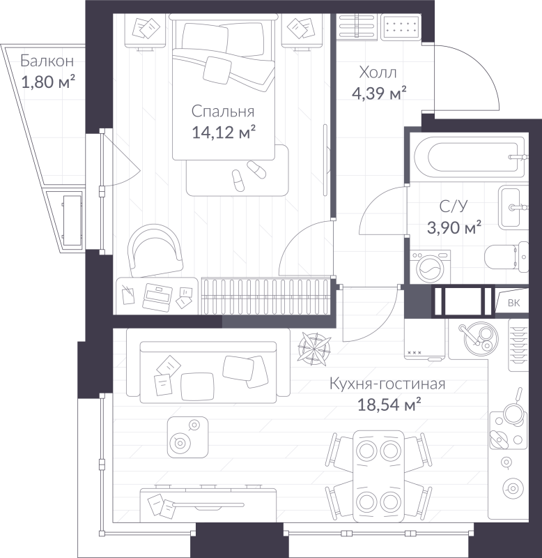 2 ккв (Евро) 41,5 м²