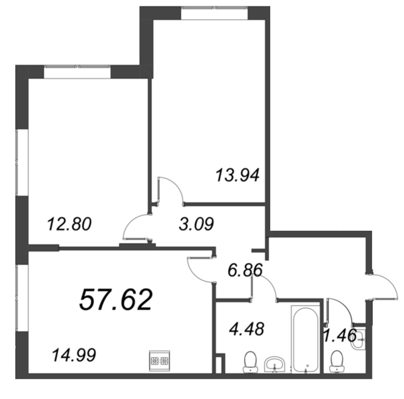 3 ккв (Евро) 57,6 м²